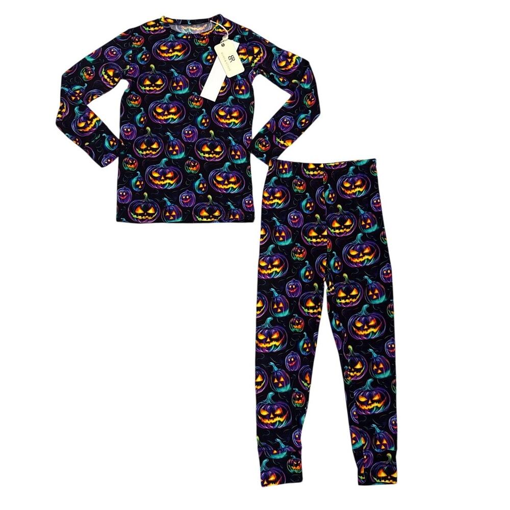 NWT Bums & Roses Glow Getter Black Bamboo Long Sleeve Pants Pajama Set Youth 7/8